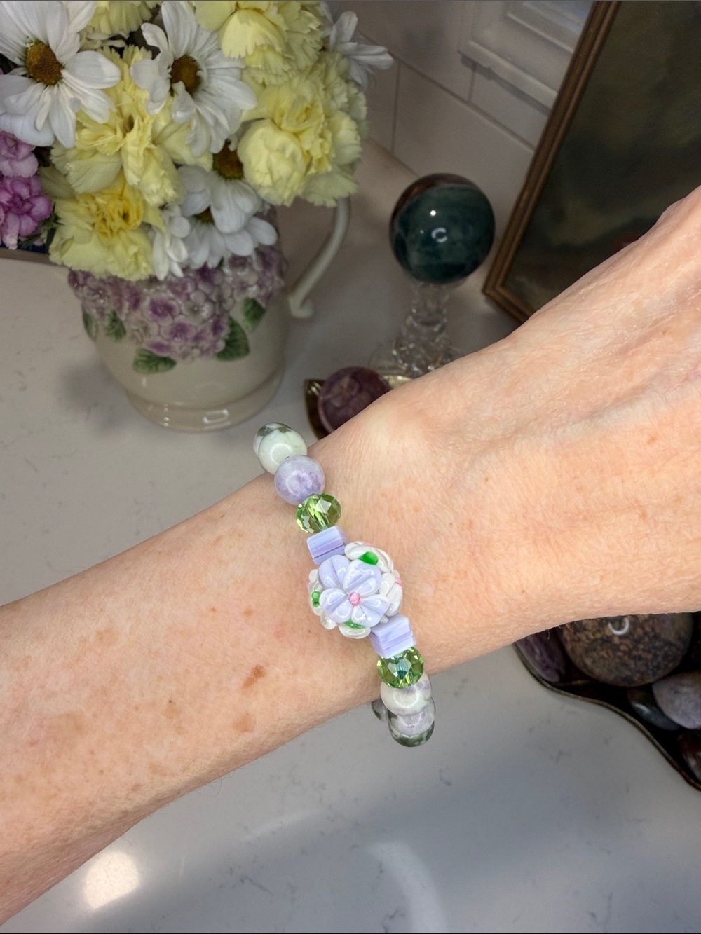 PEACE & BLOOM • Peace Jade & Vintage Glass Artisan Bracelet: B1280 - Picture 3 of 4